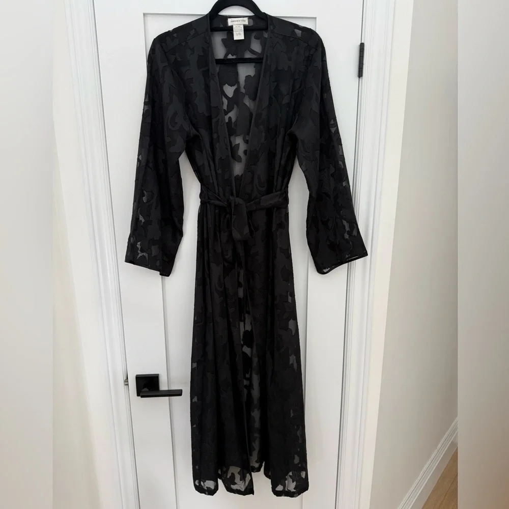 Vintage Black Lace Robe ✨ Sheer Romantic Duster L/XL Tie Waist - Picture 5 of 7